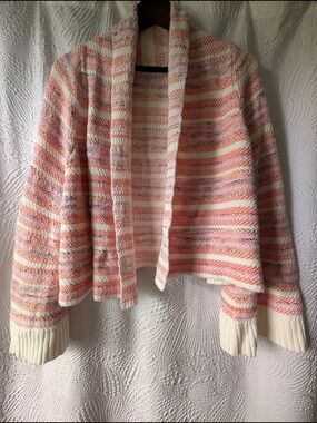 Moth For Anthropologie Open-Front Striped Knit Cardigan Sweater - Cream & Coral
